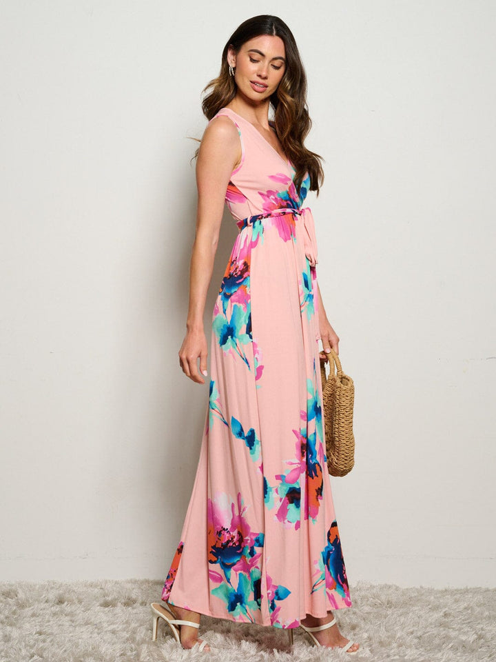 WOMEN'S SLEEVELESS SURPLICE SELF TIE ELASTIC WAIST FLORAL MAXI DRESS