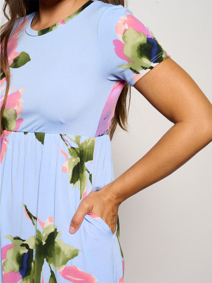 WOMEN'S SHORT SLEEVE ELASTIC WAIST POCKETS FLORAL MAXI DRESS