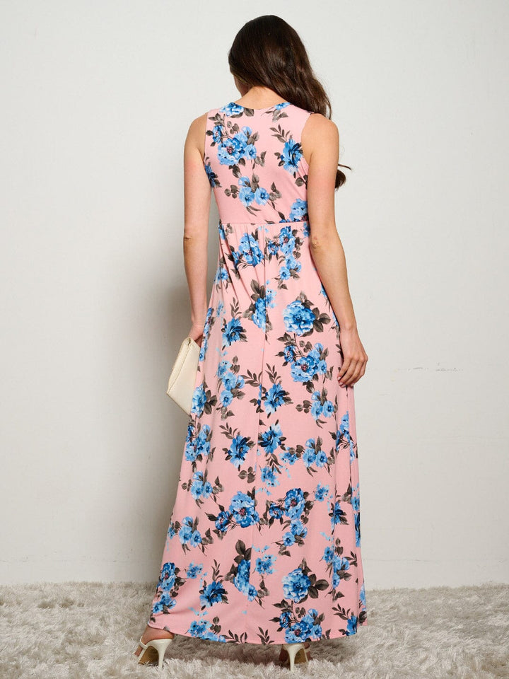 WOMEN'S SLEEVELESS POCKETS ELASTIC WAIST FLORAL MAXI DRESS