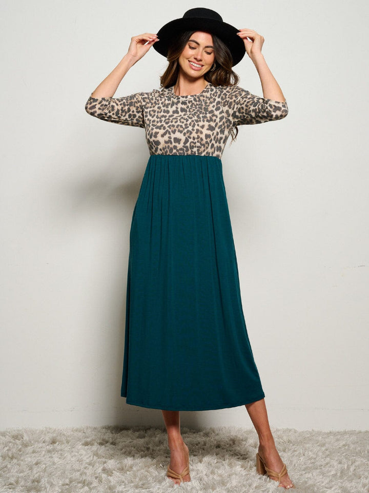 WOMEN'S 3/4 SLEEVE POCKETS ELASTIC WAIST ANIMAL PRINT MAXI DRESS