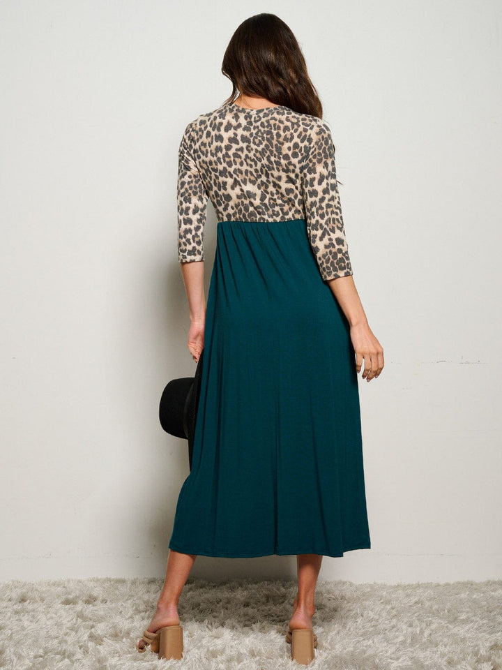 WOMEN'S 3/4 SLEEVE POCKETS ELASTIC WAIST ANIMAL PRINT MAXI DRESS