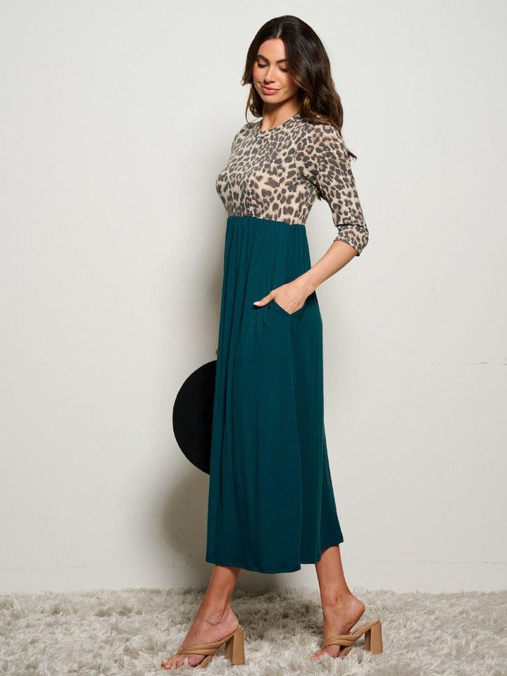 WOMEN'S 3/4 SLEEVE POCKETS ELASTIC WAIST ANIMAL PRINT MAXI DRESS