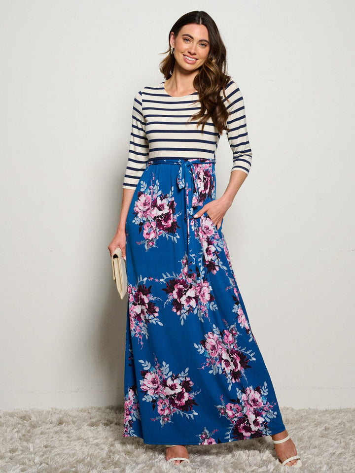 WOMEN'S 3/4 SLEEVES POCKETS ELASTIC WAIST FLORAL STRIPES MAXI DRESS