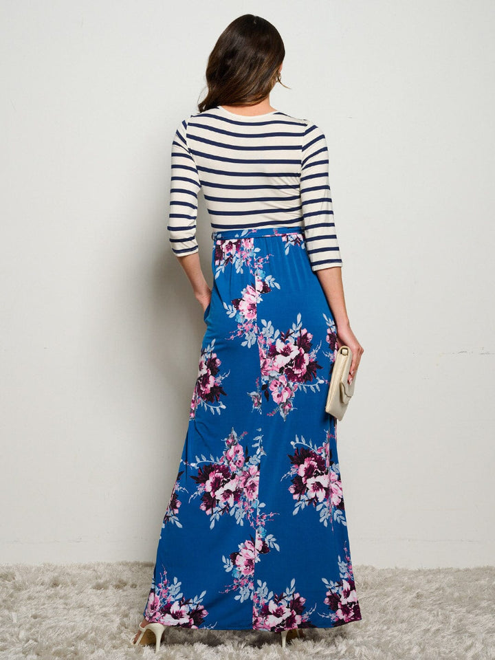 WOMEN'S 3/4 SLEEVES POCKETS ELASTIC WAIST FLORAL STRIPES MAXI DRESS