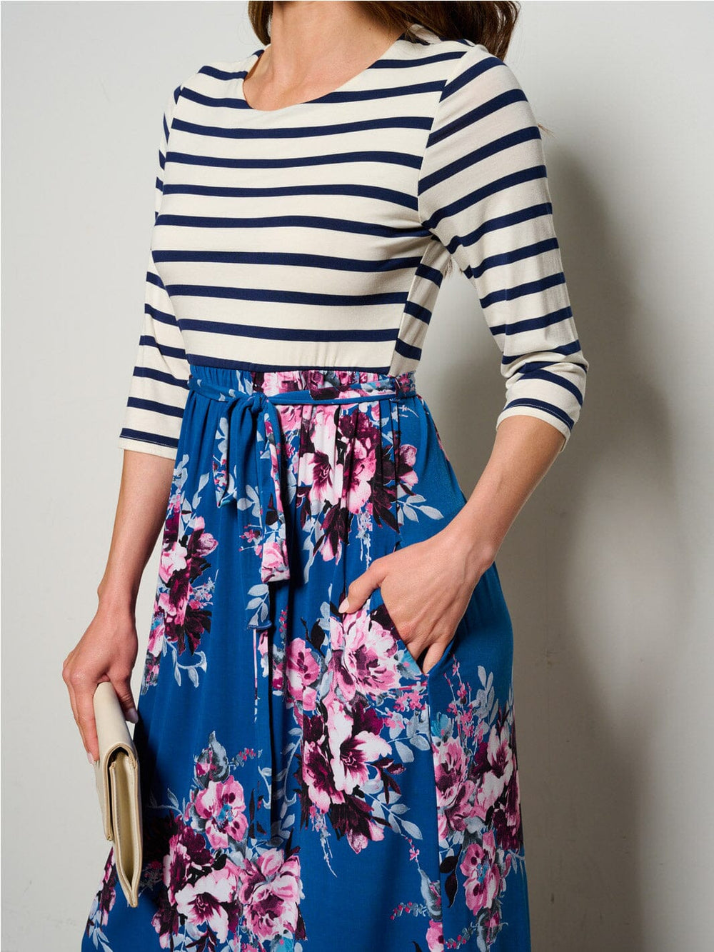 WOMEN'S 3/4 SLEEVES POCKETS ELASTIC WAIST FLORAL STRIPES MAXI DRESS