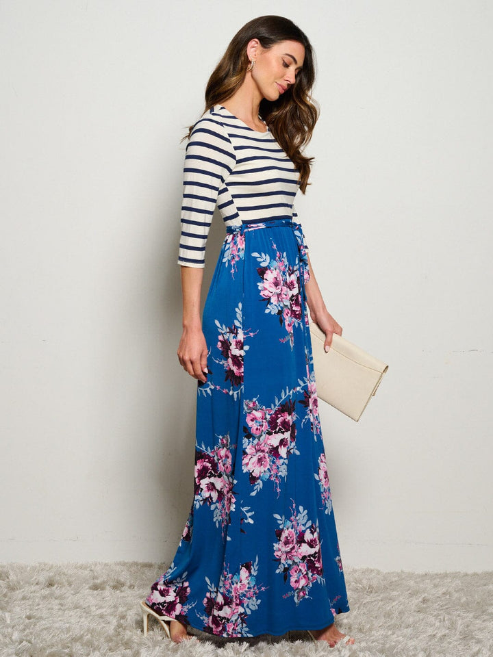 WOMEN'S 3/4 SLEEVES POCKETS ELASTIC WAIST FLORAL STRIPES MAXI DRESS