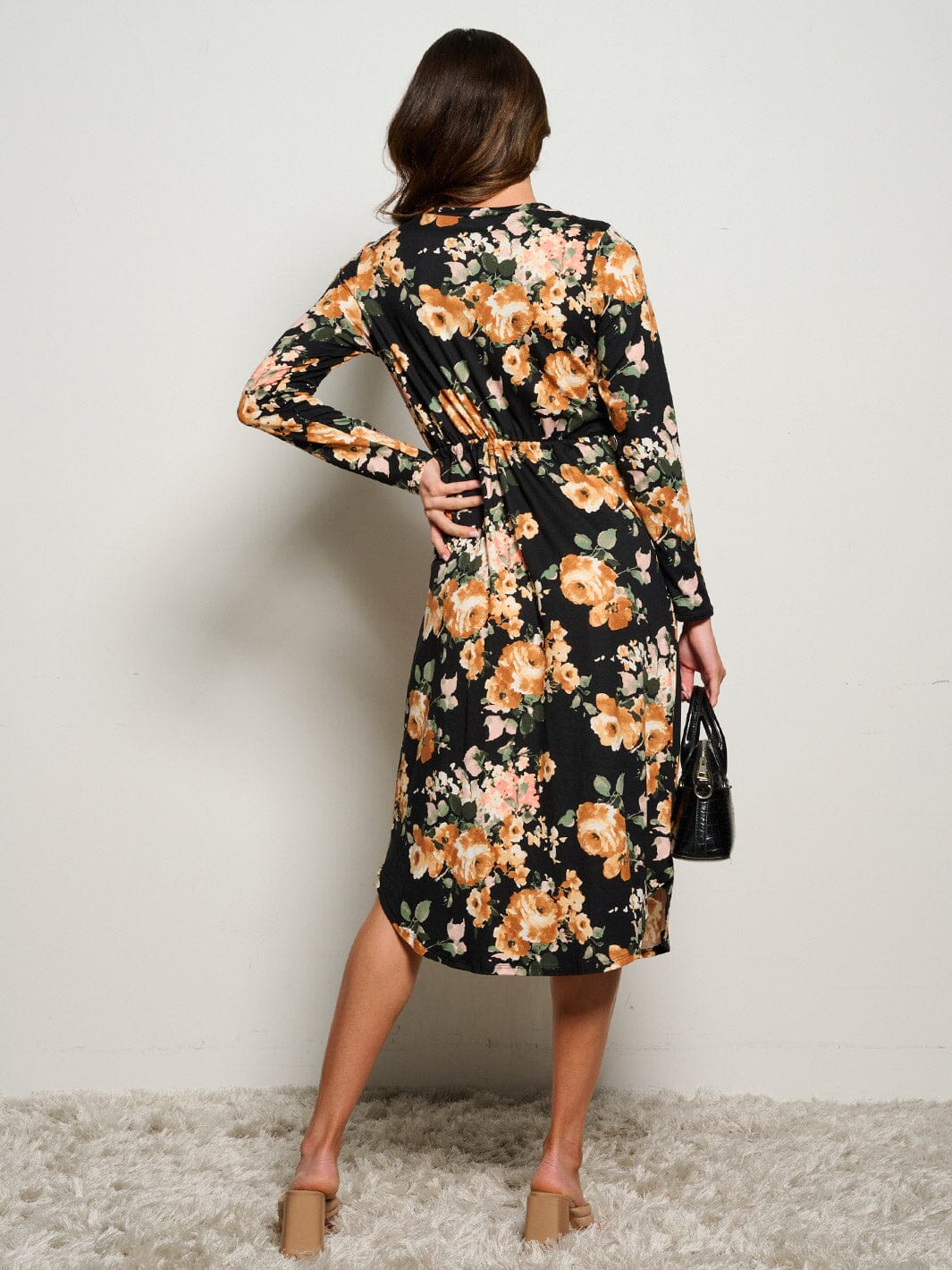 WOMEN'S LONG SLEEVES ELASTIC WAIST SELF TIE FLORAL MIDI DRESS