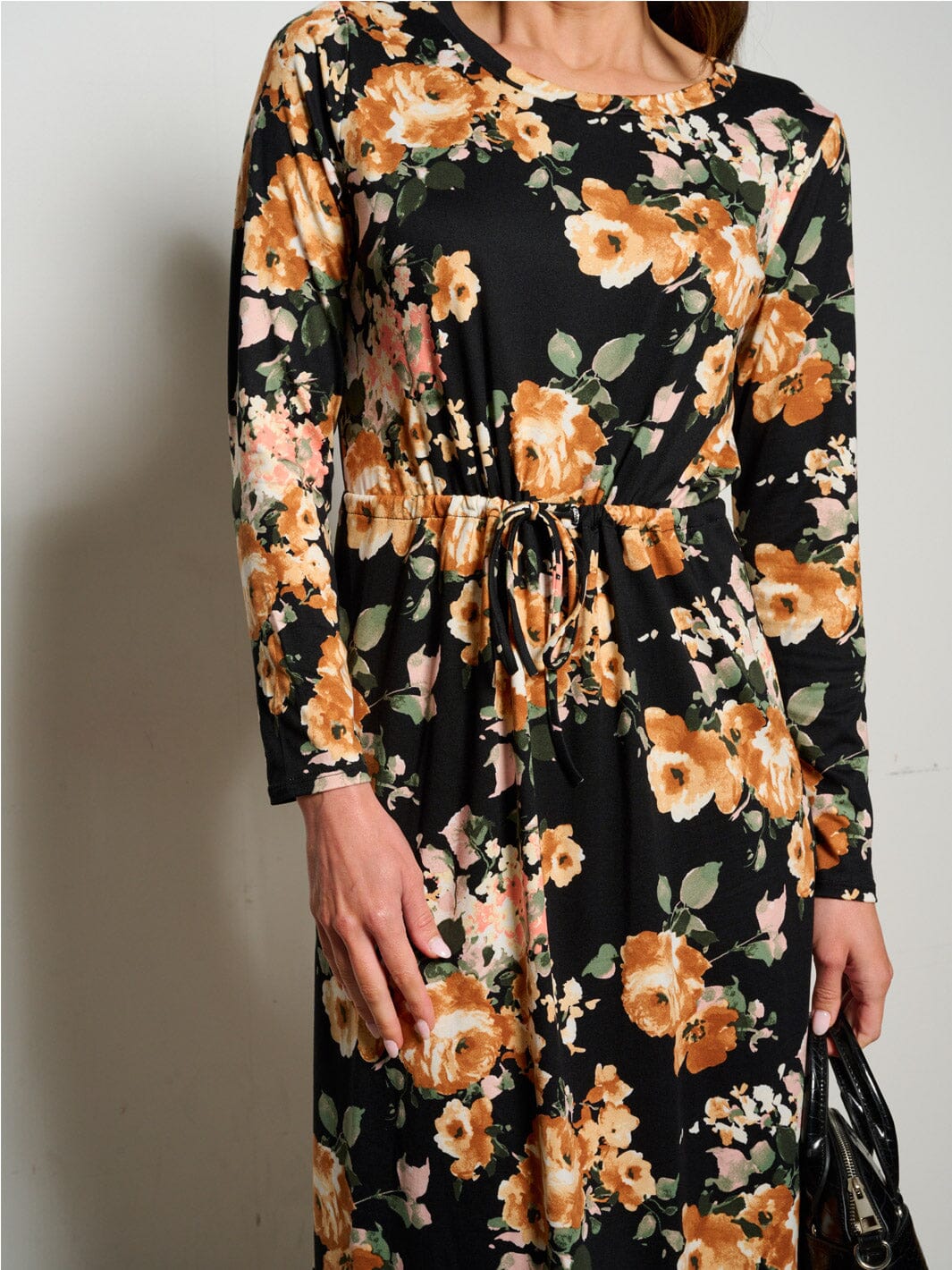 WOMEN'S LONG SLEEVES ELASTIC WAIST SELF TIE FLORAL MIDI DRESS