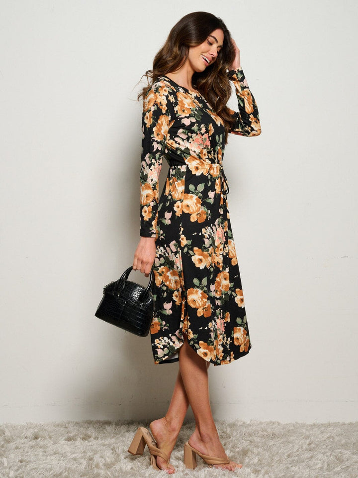 WOMEN'S LONG SLEEVES ELASTIC WAIST SELF TIE FLORAL MIDI DRESS