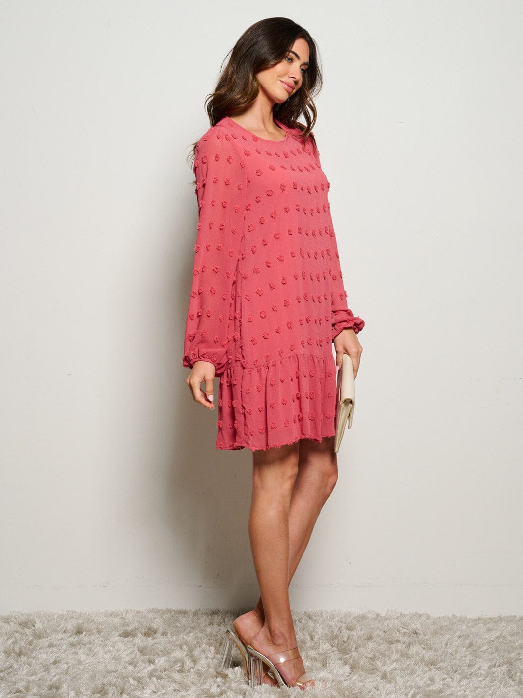 WOMEN'S LONG SLEEVE SWISS DOTS TUNIC MINI DRESS