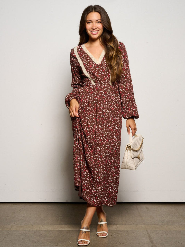 WOMEN'S LONG SLEEVE V-NECK ELASTIC WAIST FLORAL MAXI DRESS