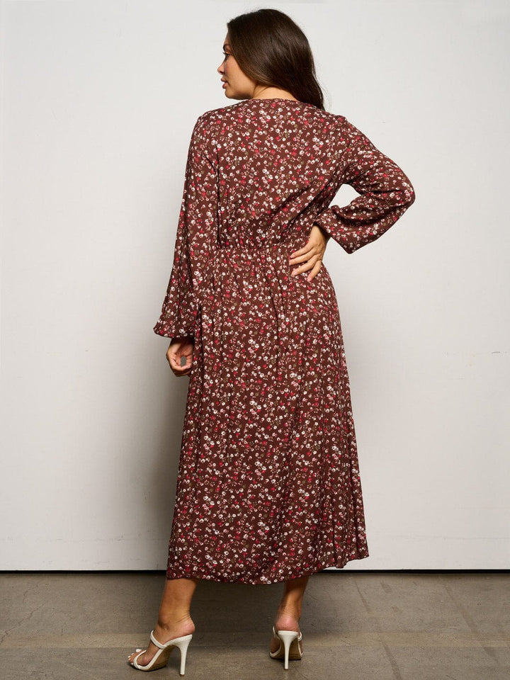 WOMEN'S LONG SLEEVE V-NECK ELASTIC WAIST FLORAL MAXI DRESS