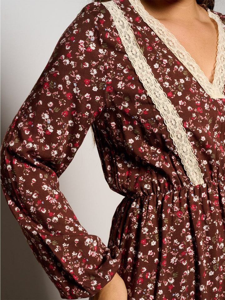 WOMEN'S LONG SLEEVE V-NECK ELASTIC WAIST FLORAL MAXI DRESS