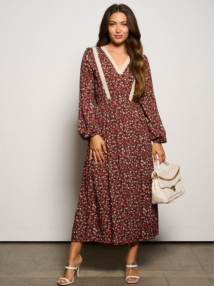 WOMEN'S LONG SLEEVE V-NECK ELASTIC WAIST FLORAL MAXI DRESS