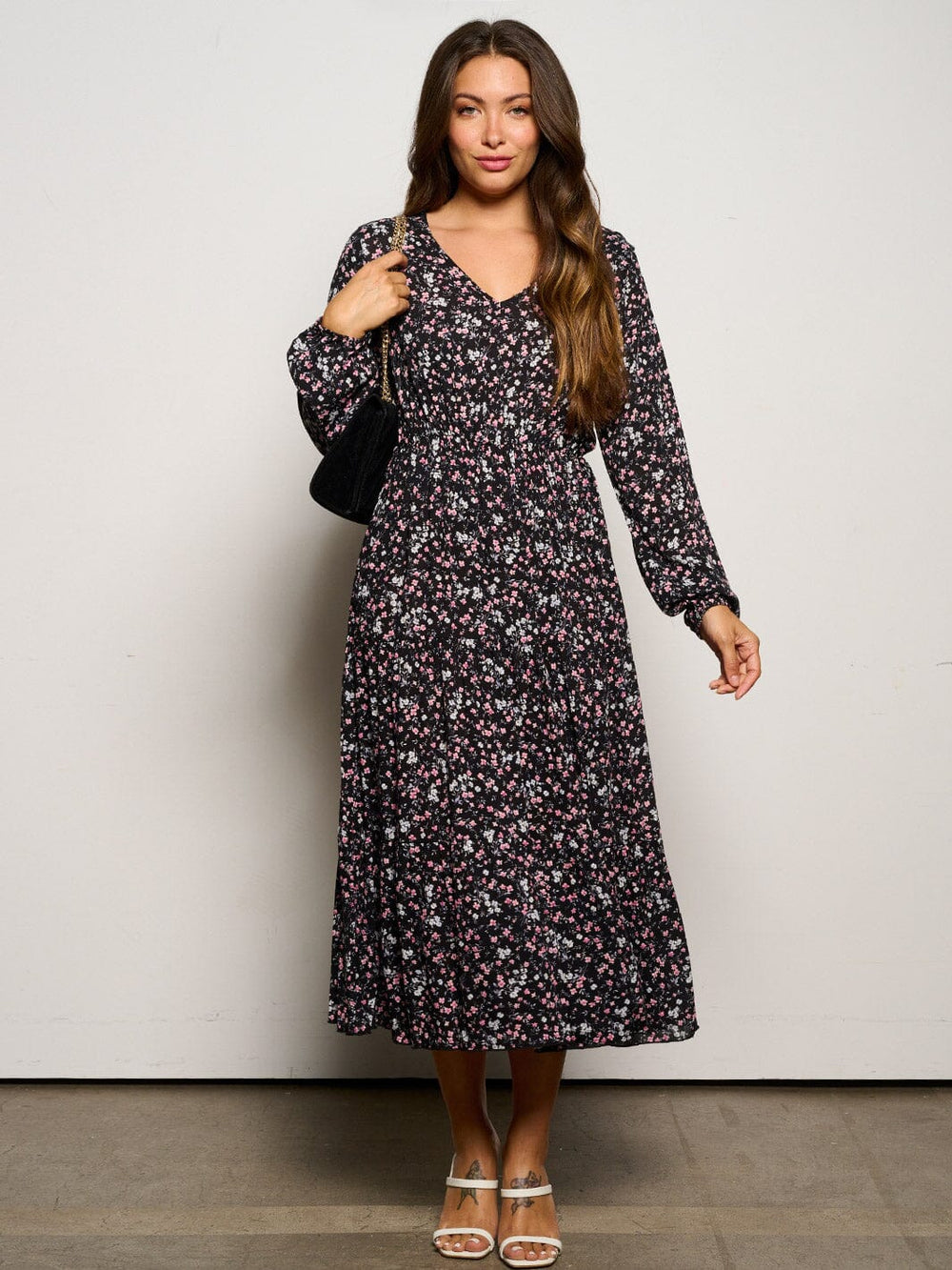 WOMEN'S LONG SLEEVE V-NECK ELASTIC WAIST POCKETS FLORAL MAXI DRESS
