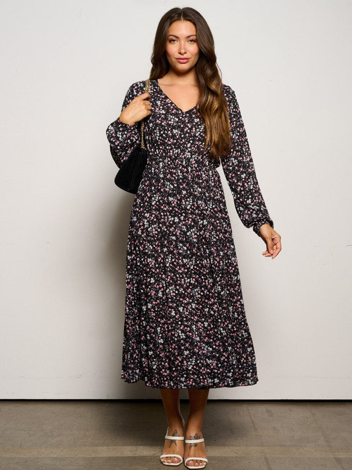 WOMEN'S LONG SLEEVE V-NECK ELASTIC WAIST POCKETS FLORAL MAXI DRESS