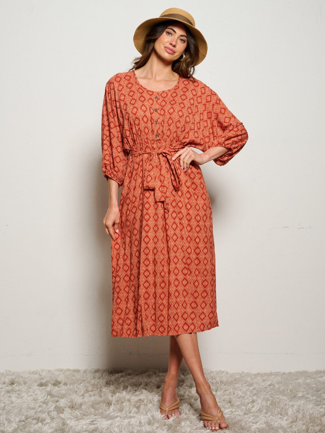 WOMEN'S 3/4 SLEEVES ELASTIC WAIST SELF TIE PRINTED MIDI DRESS