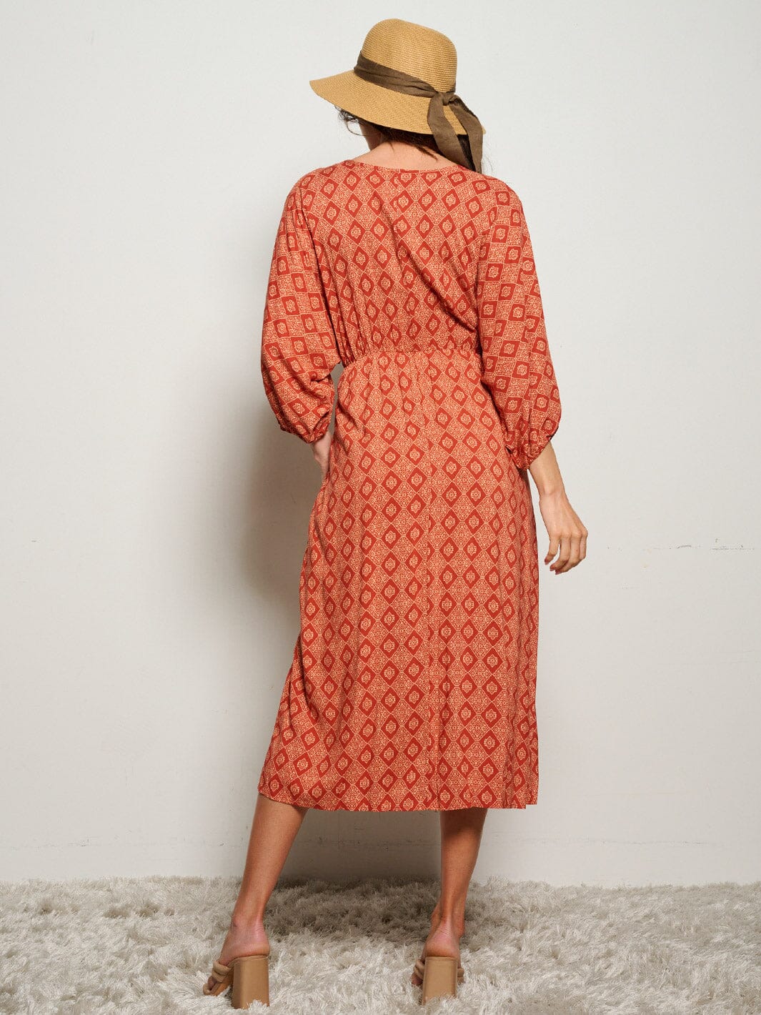 WOMEN'S 3/4 SLEEVES ELASTIC WAIST SELF TIE PRINTED MIDI DRESS