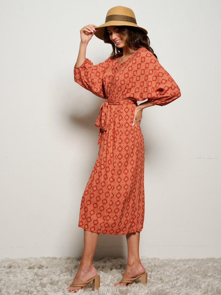 WOMEN'S 3/4 SLEEVES ELASTIC WAIST SELF TIE PRINTED MIDI DRESS