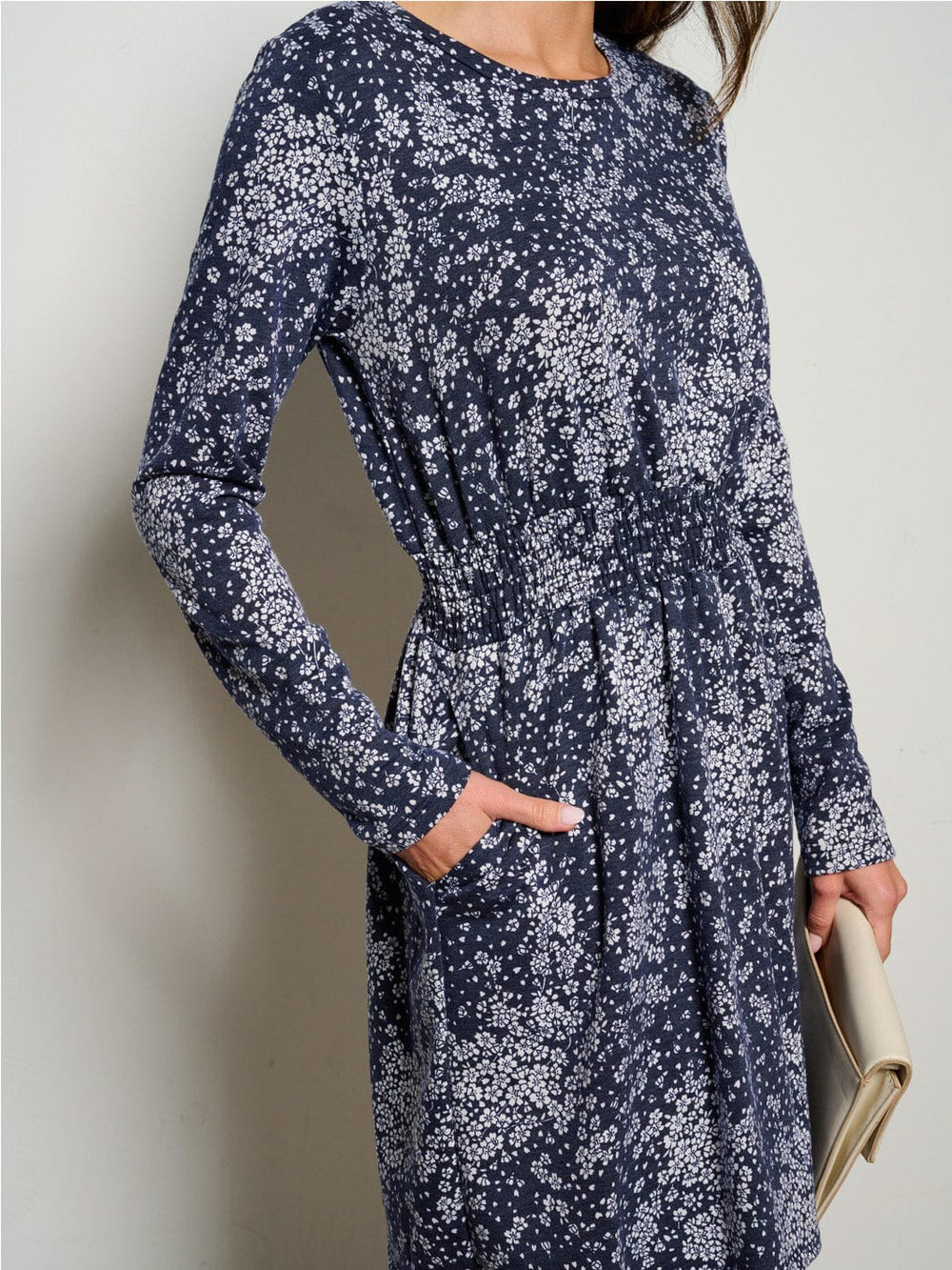 WOMEN'S LONG SLEEVE ELASTIC WAIST FLORAL MINI DRESS