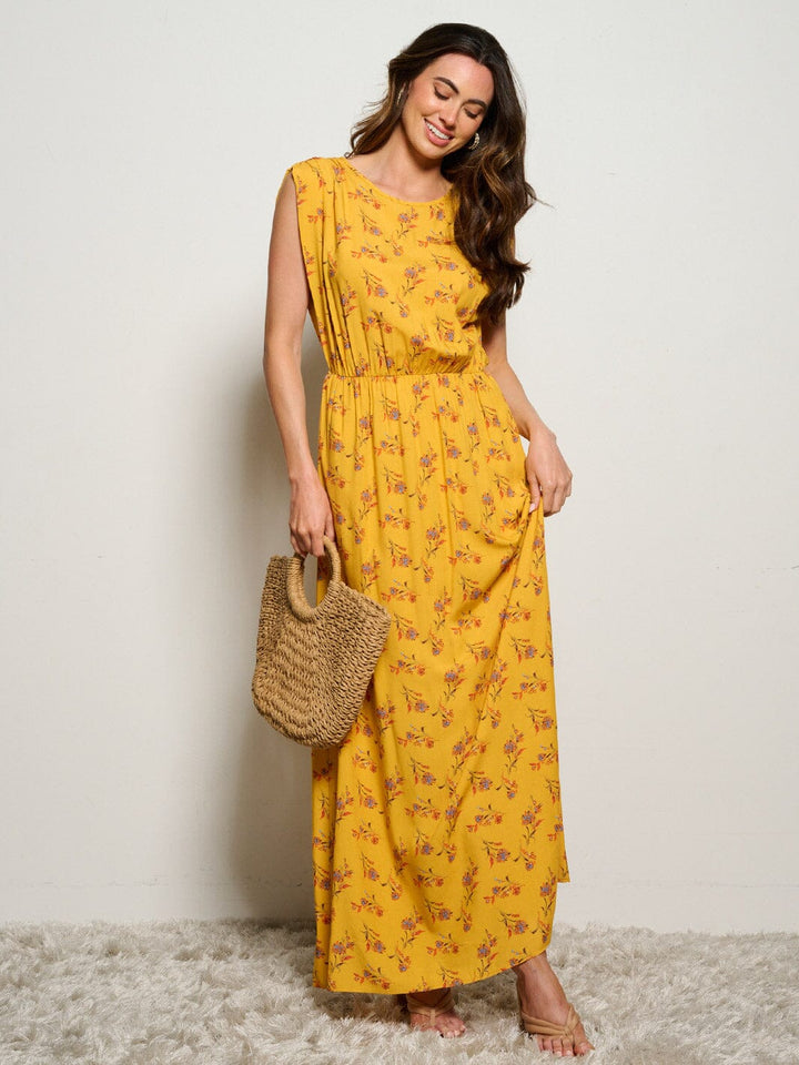 WOMEN'S SLEEVELESS POCKETS ELASTIC WAIST FLORAL MIXI DRESS