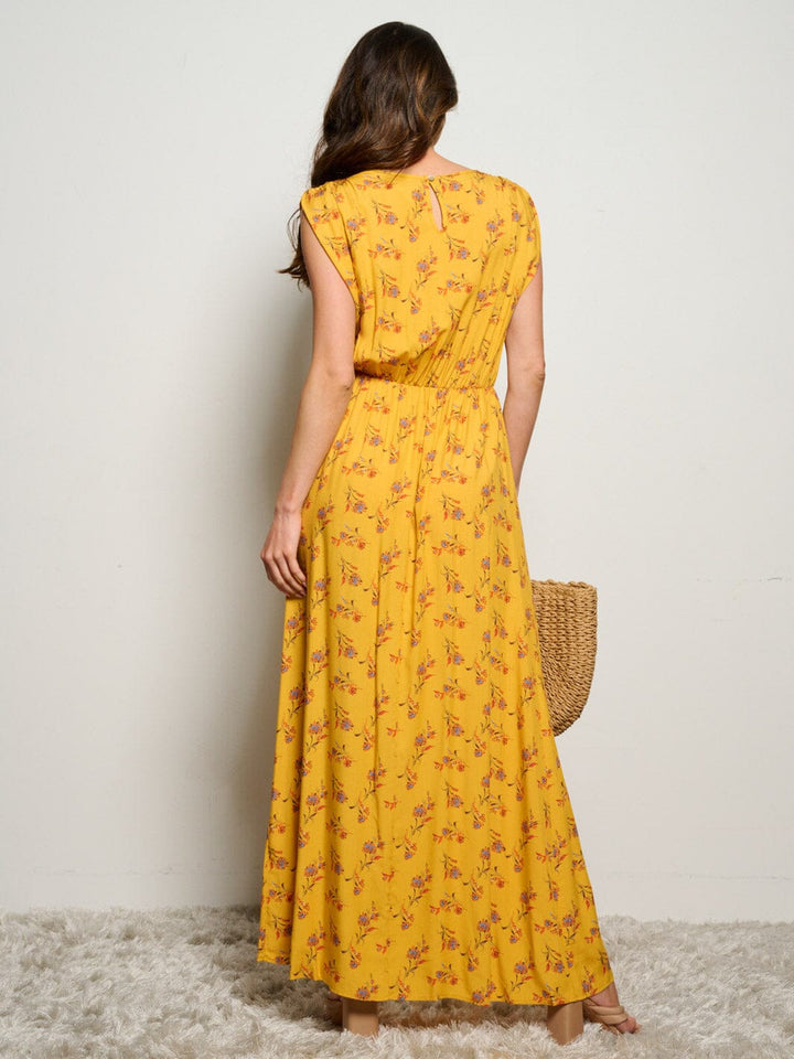 WOMEN'S SLEEVELESS POCKETS ELASTIC WAIST FLORAL MIXI DRESS