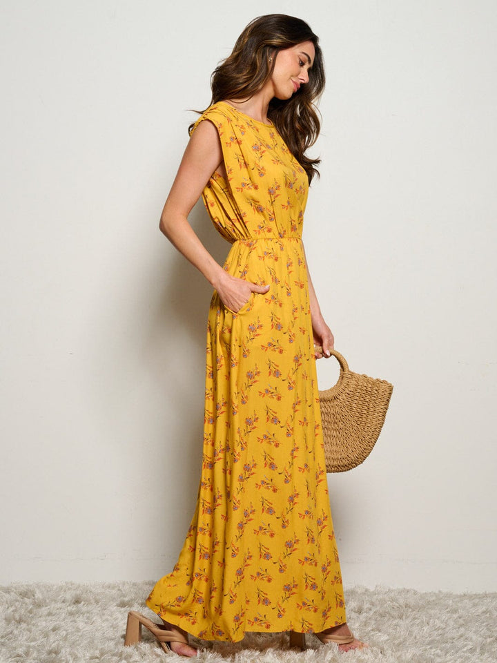 WOMEN'S SLEEVELESS POCKETS ELASTIC WAIST FLORAL MIXI DRESS