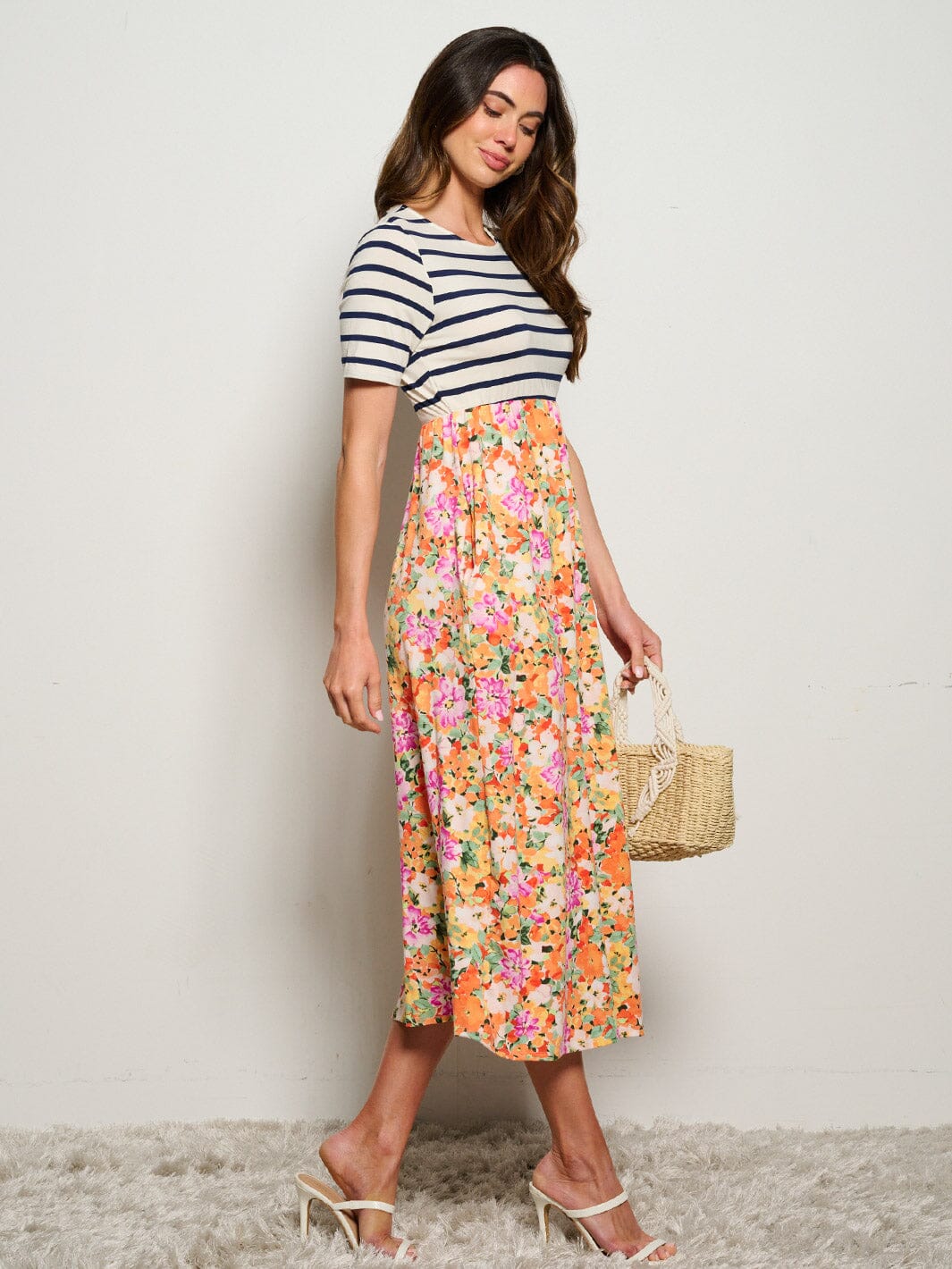 WOMEN'S SHORT SLEEVE POCKETS ELASTIC WAIST FLORAL STRIPES MAXI DRESS