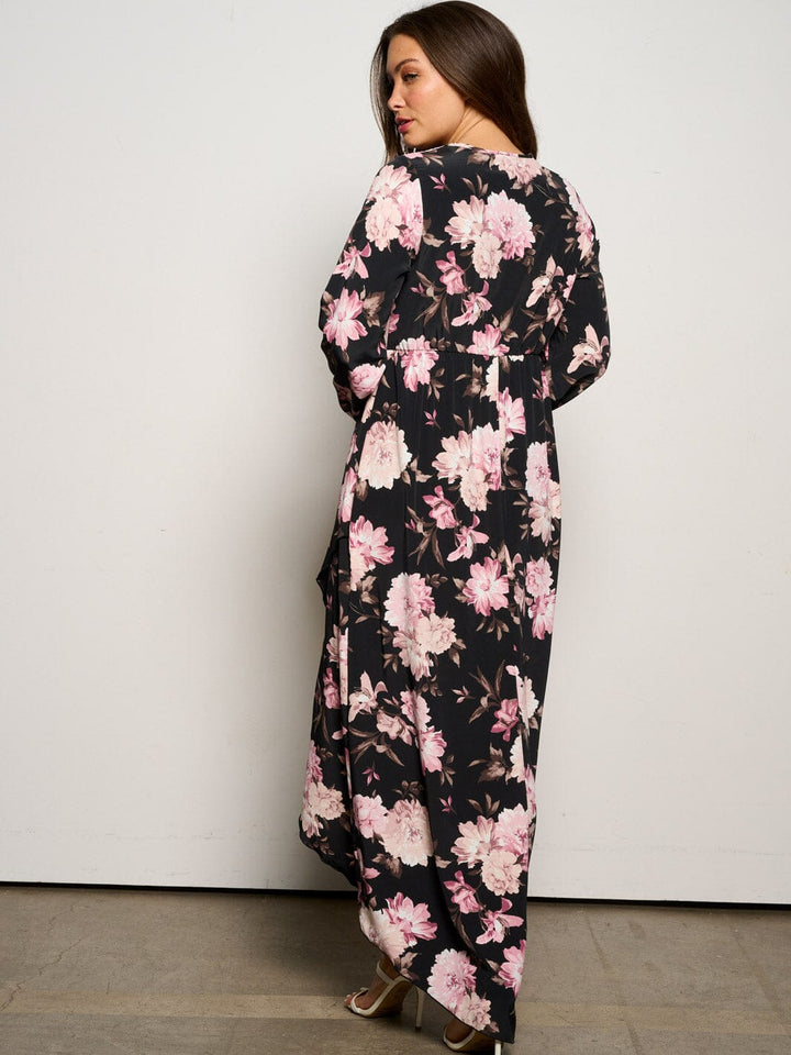 WOMEN'S LONG SLEEVE SURPLICE HIGH-LOW FLORAL MAXI DRESS