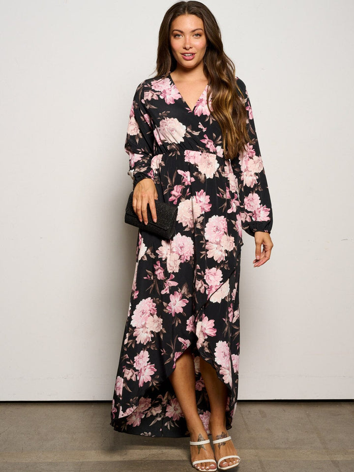 WOMEN'S LONG SLEEVE SURPLICE HIGH-LOW FLORAL MAXI DRESS