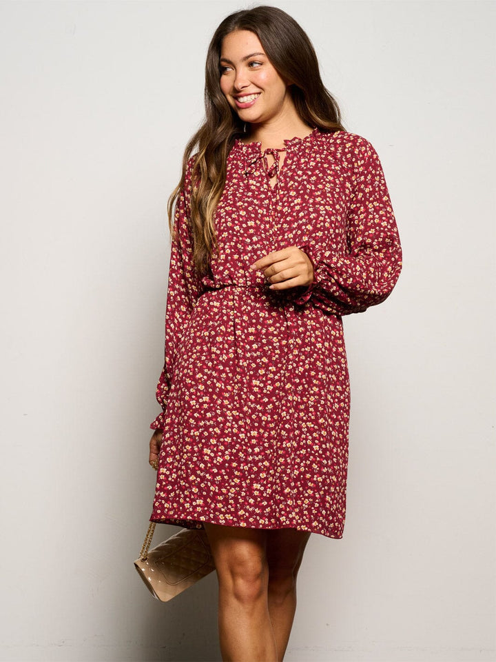 WOMEN'S LONG SLEEVE V-NECK ELASTIC WAIST FLORAL MINI DRESS