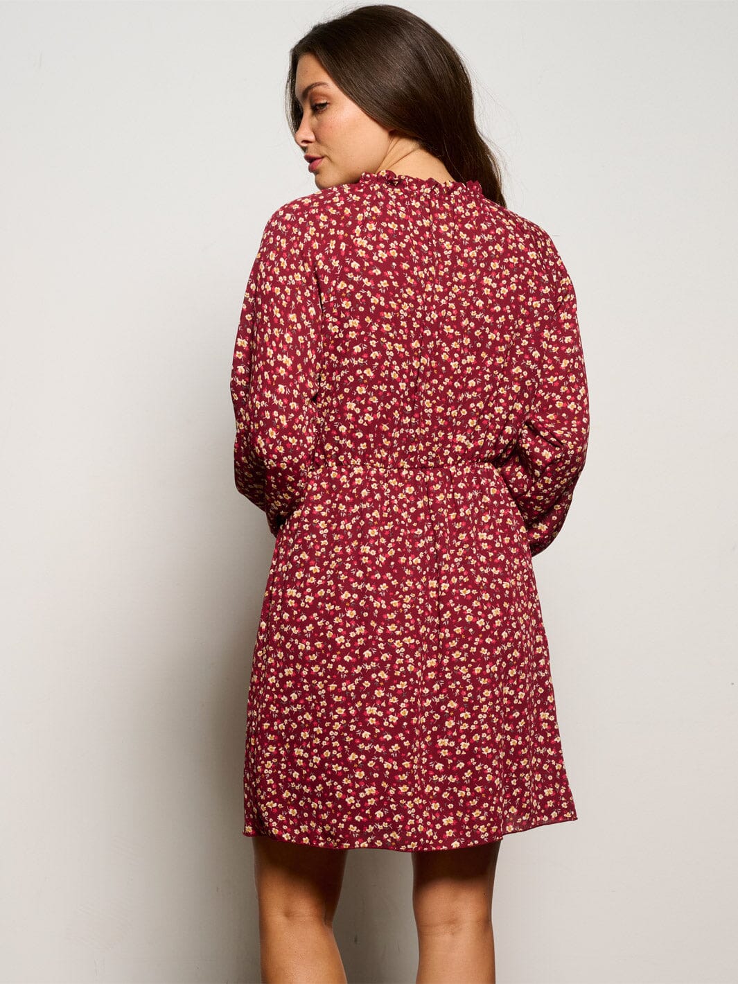 WOMEN'S LONG SLEEVE V-NECK ELASTIC WAIST FLORAL MINI DRESS