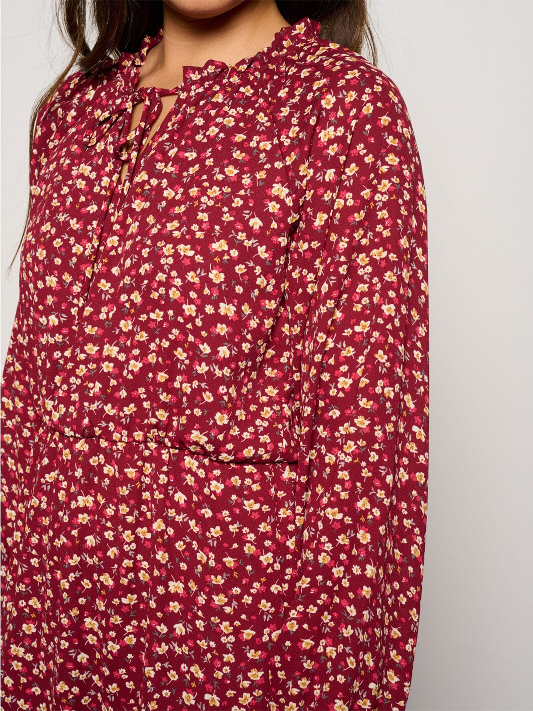 WOMEN'S LONG SLEEVE V-NECK ELASTIC WAIST FLORAL MINI DRESS