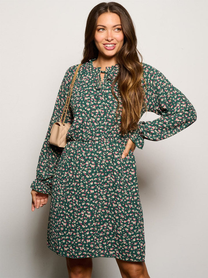 WOMEN'S LONG SLEEVE V-NECK ELASTIC WAIST FLORAL MINI DRESS
