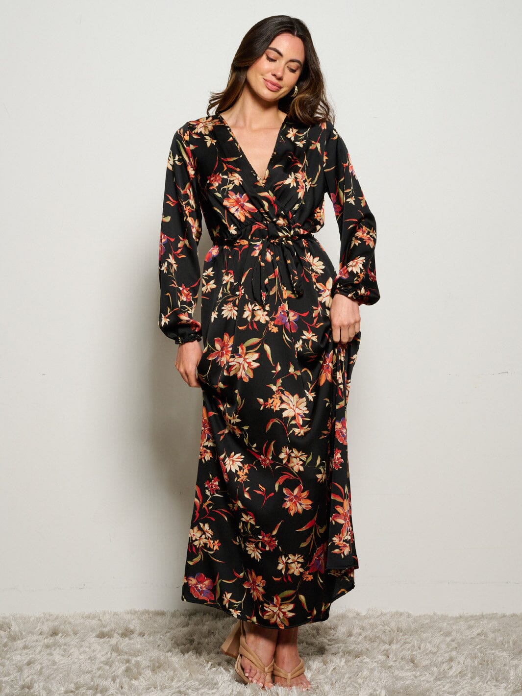 WOMEN'S LONG SLEEVE SURPLIC SELF TIE FLORAL MAXI DRESS