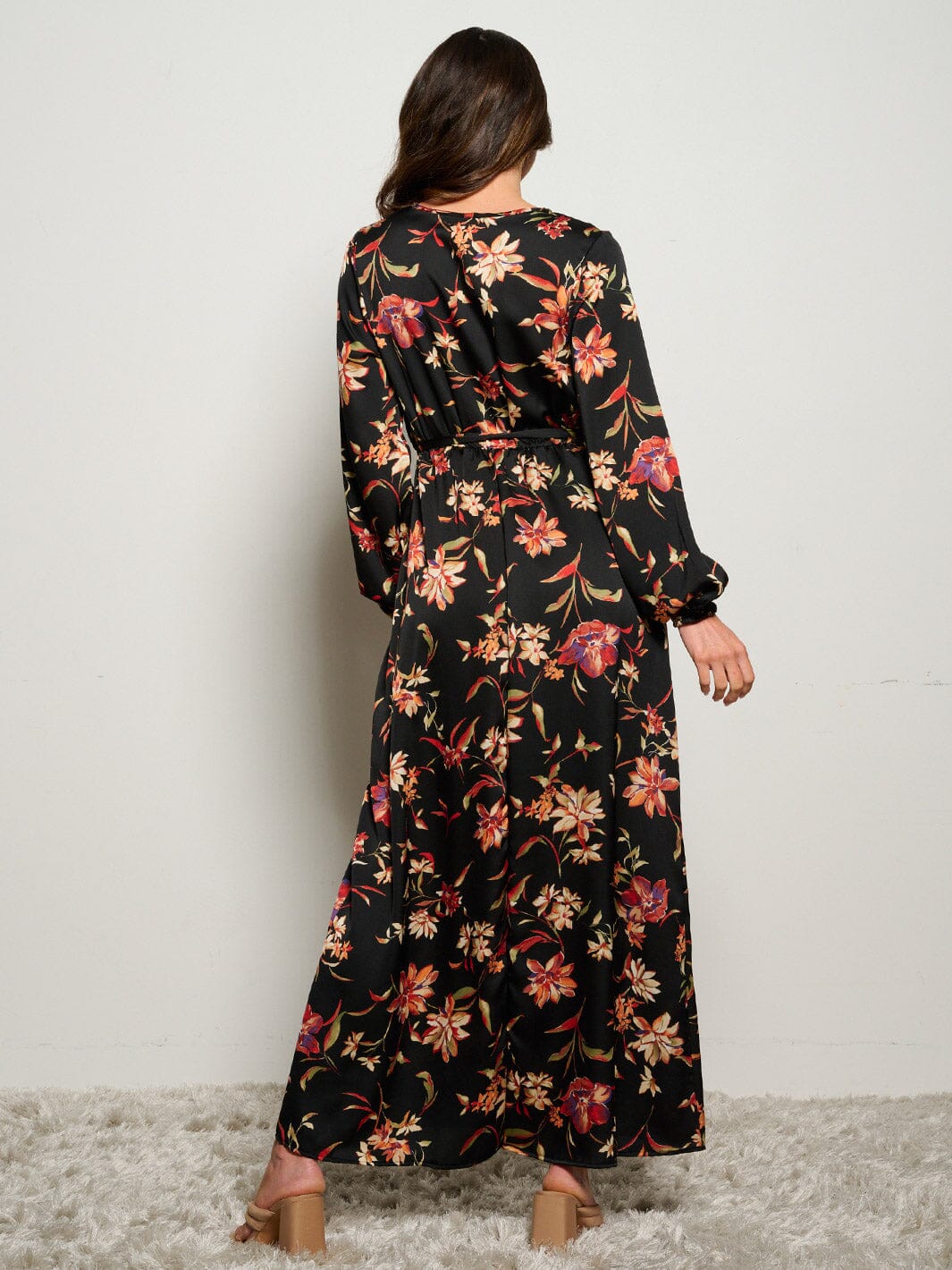 WOMEN'S LONG SLEEVE SURPLIC SELF TIE FLORAL MAXI DRESS