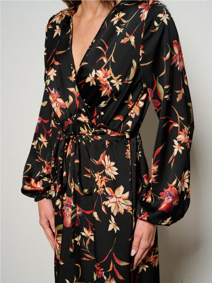 WOMEN'S LONG SLEEVE SURPLIC SELF TIE FLORAL MAXI DRESS