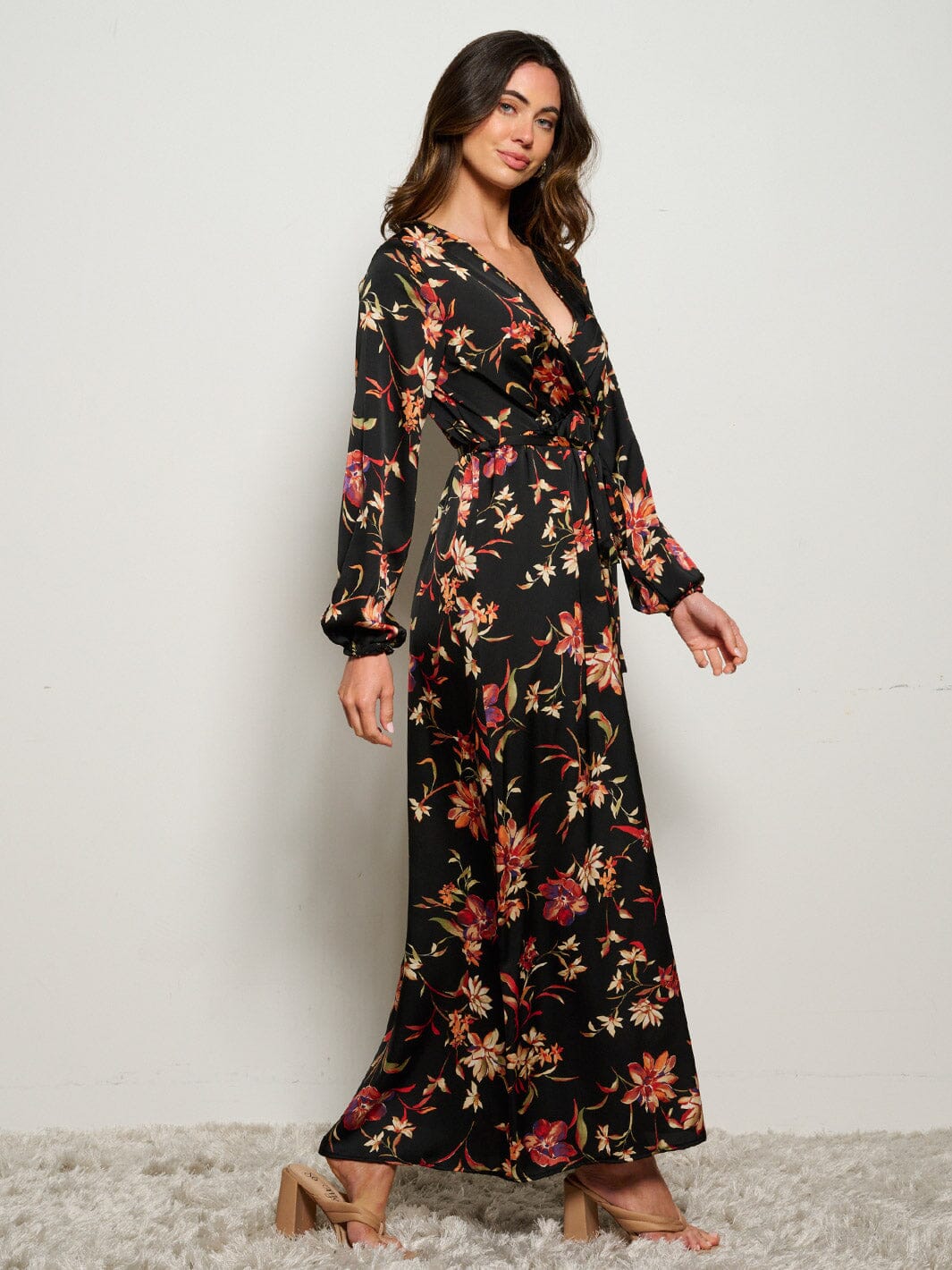 WOMEN'S LONG SLEEVE SURPLIC SELF TIE FLORAL MAXI DRESS