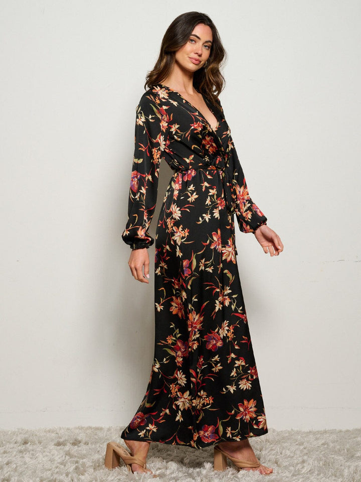 WOMEN'S LONG SLEEVE SURPLIC SELF TIE FLORAL MAXI DRESS