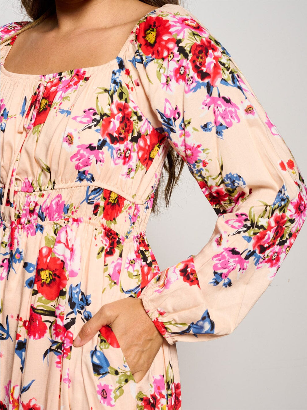WOMEN'S LONG SLEEVE ELASTIC WAIST POCKETS FLORAL MIDI DRESS