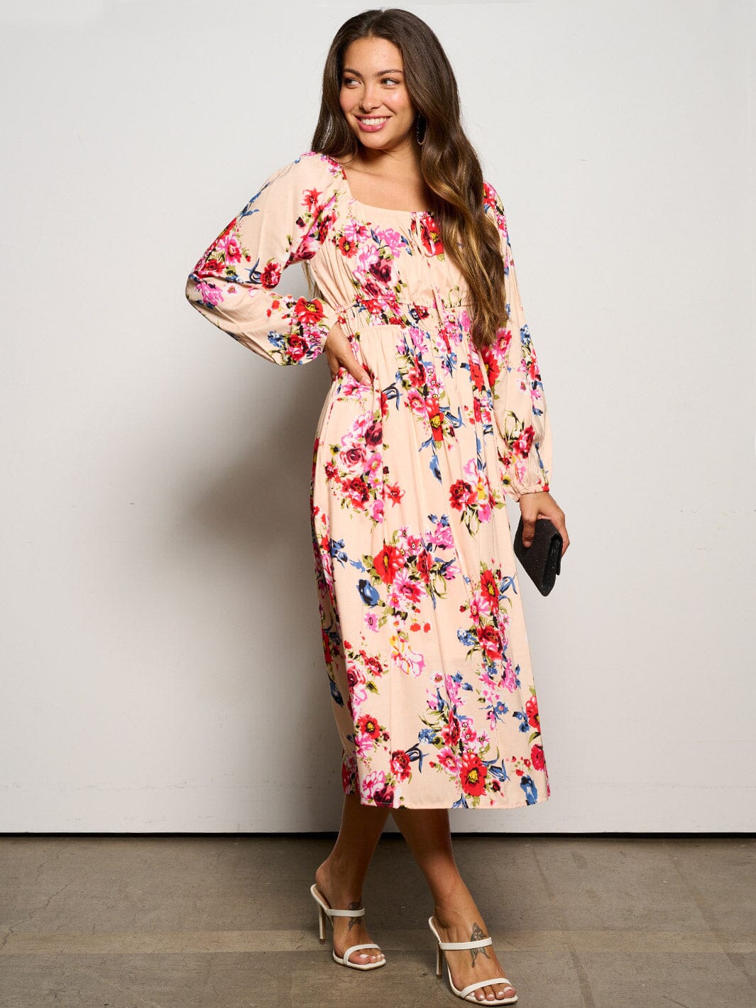WOMEN'S LONG SLEEVE ELASTIC WAIST POCKETS FLORAL MIDI DRESS