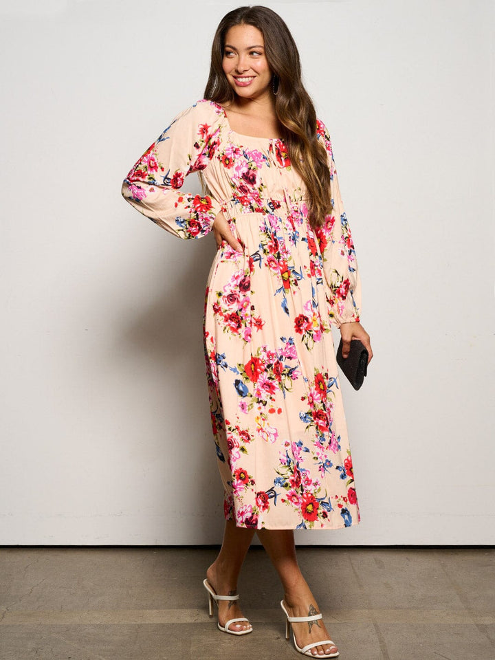 WOMEN'S LONG SLEEVE ELASTIC WAIST POCKETS FLORAL MIDI DRESS