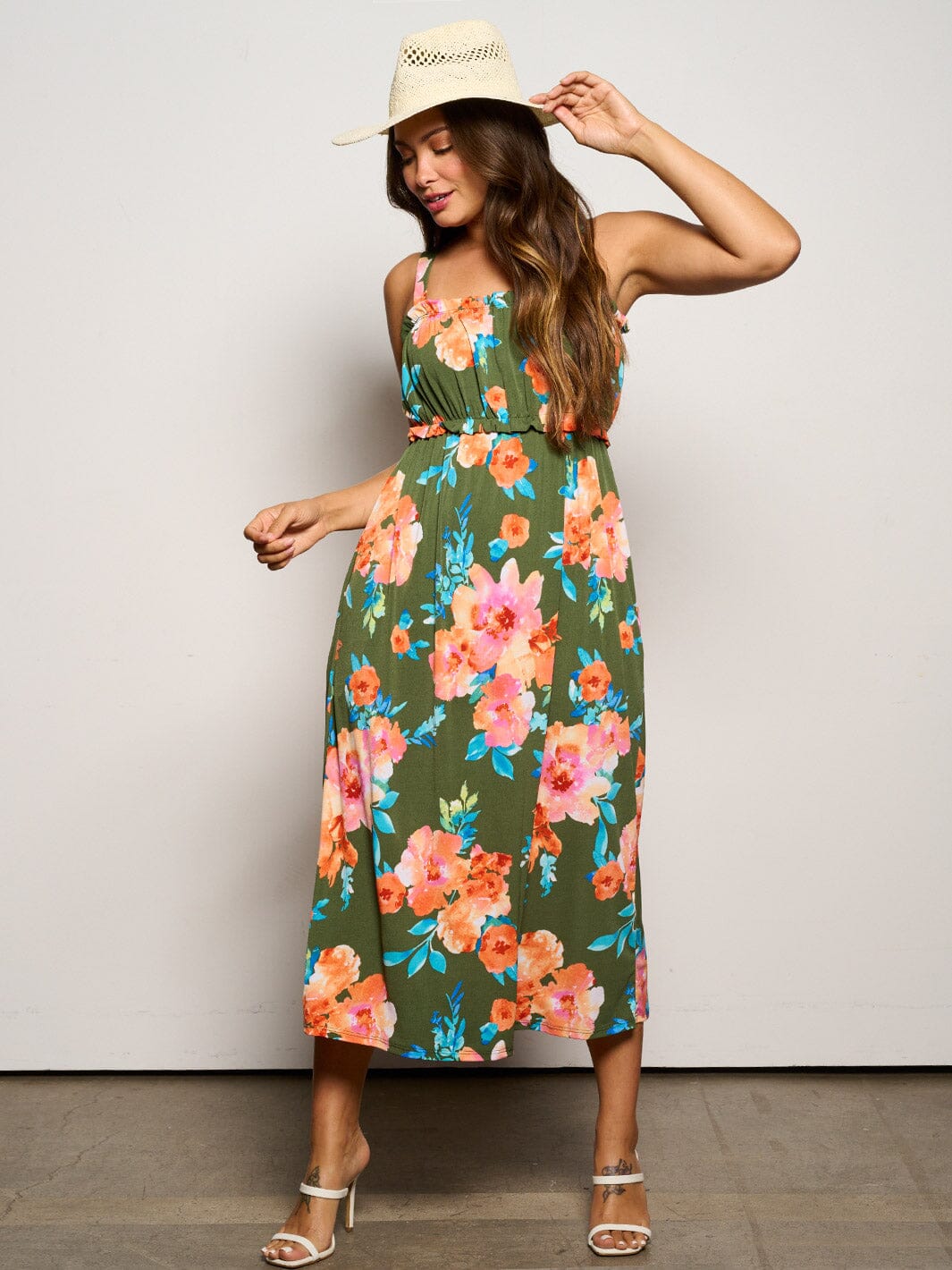 WOMEN'S SLEEVELESS ELASTIC WAIST POCKETS FLORAL MAXI DRESS