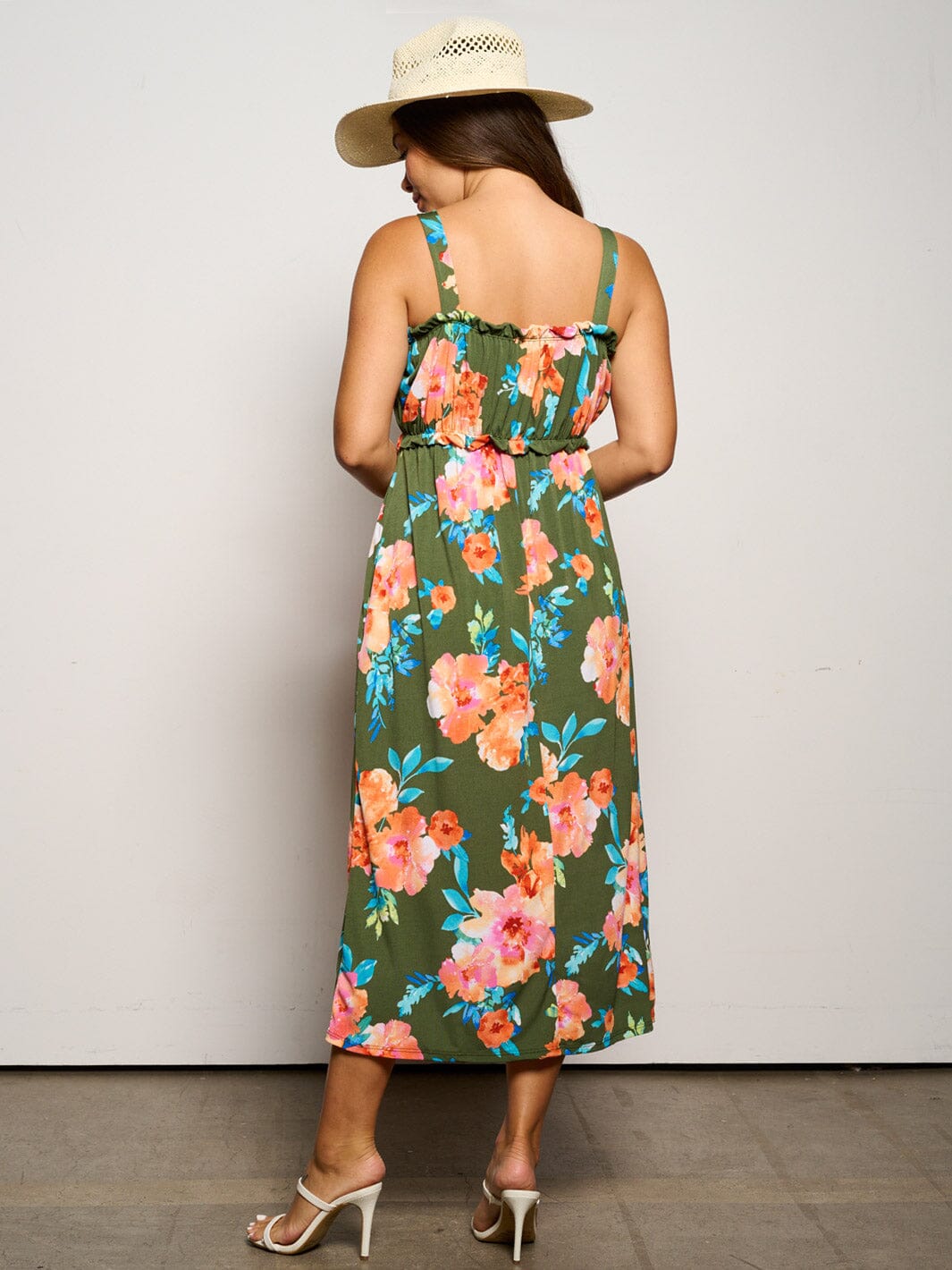 WOMEN'S SLEEVELESS ELASTIC WAIST POCKETS FLORAL MAXI DRESS