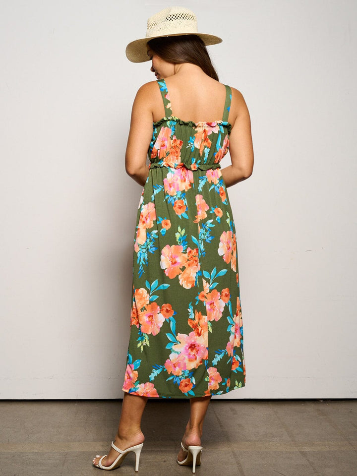WOMEN'S SLEEVELESS ELASTIC WAIST POCKETS FLORAL MAXI DRESS