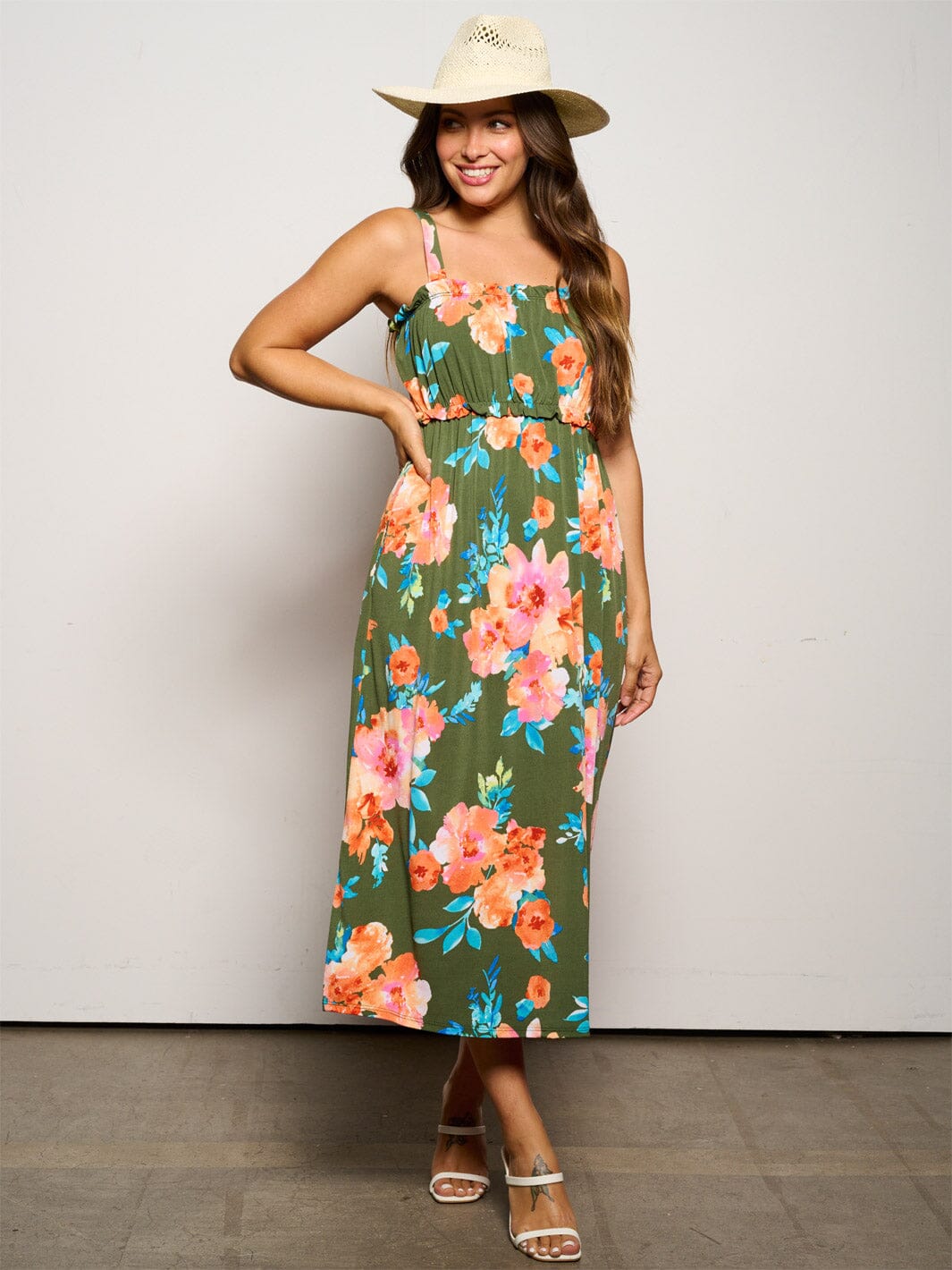 WOMEN'S SLEEVELESS ELASTIC WAIST POCKETS FLORAL MAXI DRESS