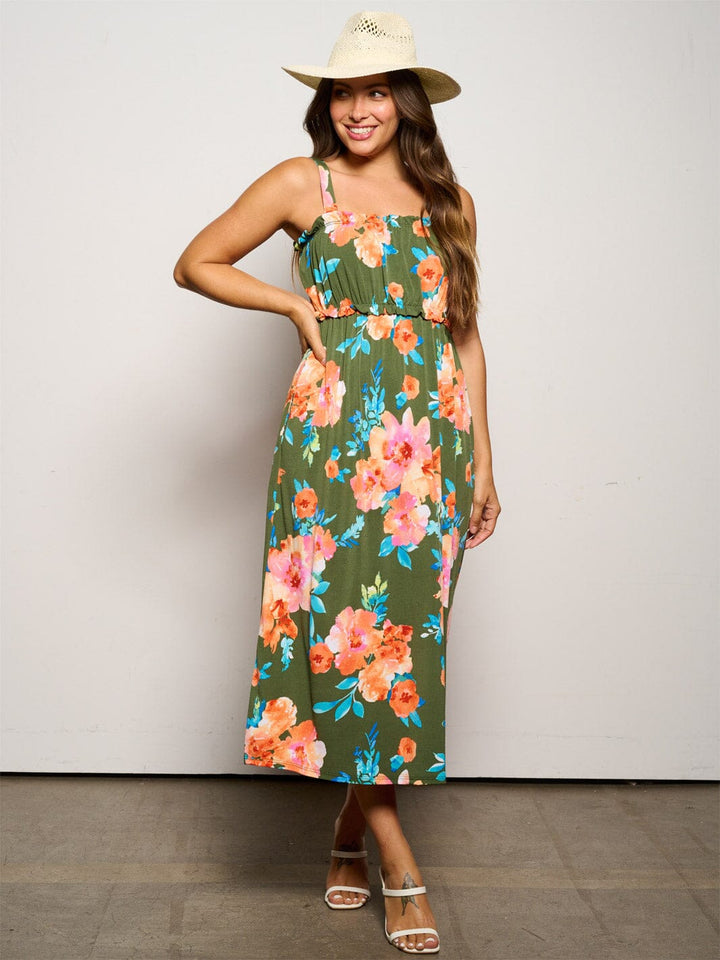 WOMEN'S SLEEVELESS ELASTIC WAIST POCKETS FLORAL MAXI DRESS