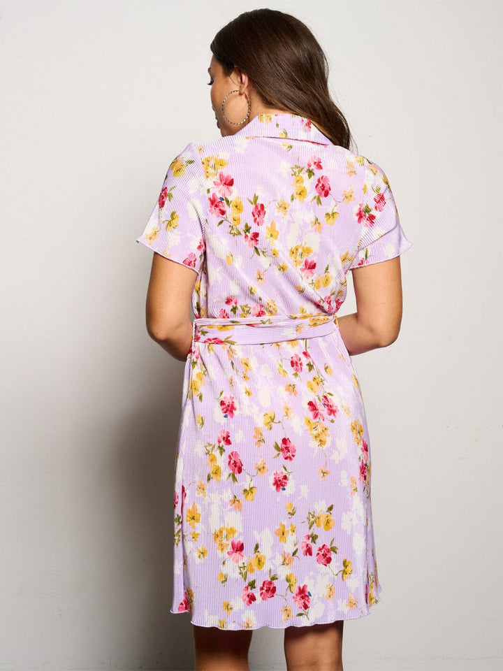 WOMEN'S SHORT SLEEVE BUTTON UP PLEATED FLORAL MINI DRESS