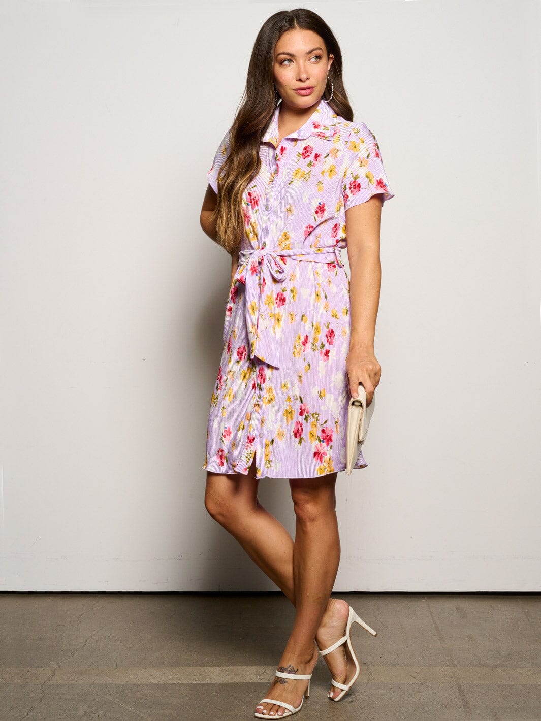 WOMEN'S SHORT SLEEVE BUTTON UP PLEATED FLORAL MINI DRESS