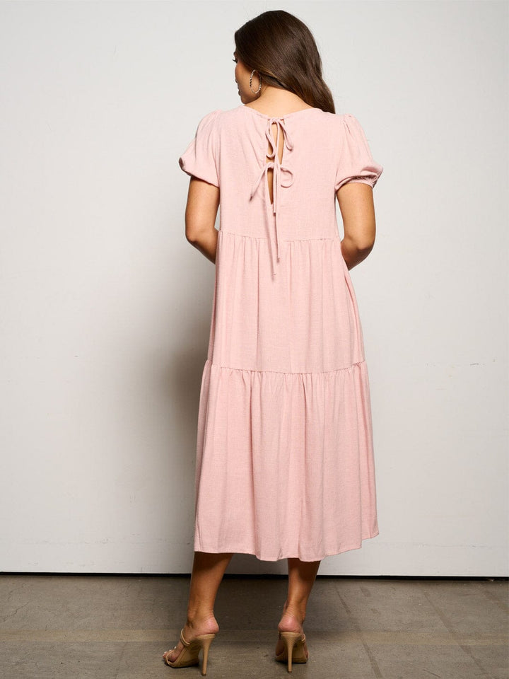 WOMEN'S SHORT PUFF SLEEVE TIERED TUNIC MIDI DRESS